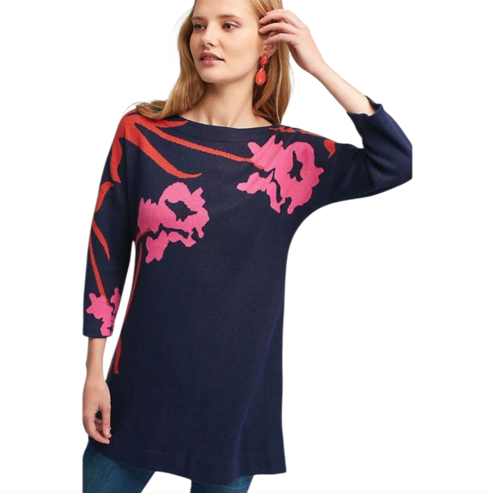 Anthropologie Navy and Pink Floral Sweater